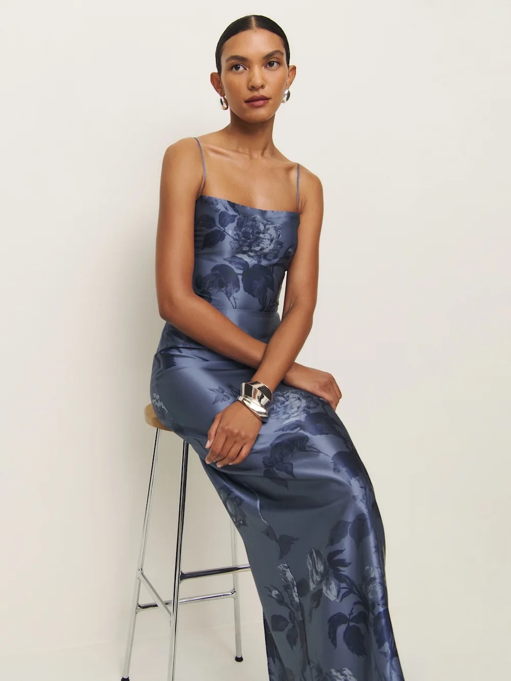 Reformation Navy Blue Floral Satin Maxi Dress - Picture 4 of 12